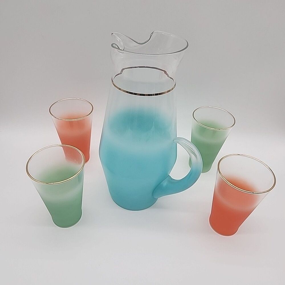 MCM Vintage West Bend Blendo Aqua Pitcher and Tumblers Gold Rim